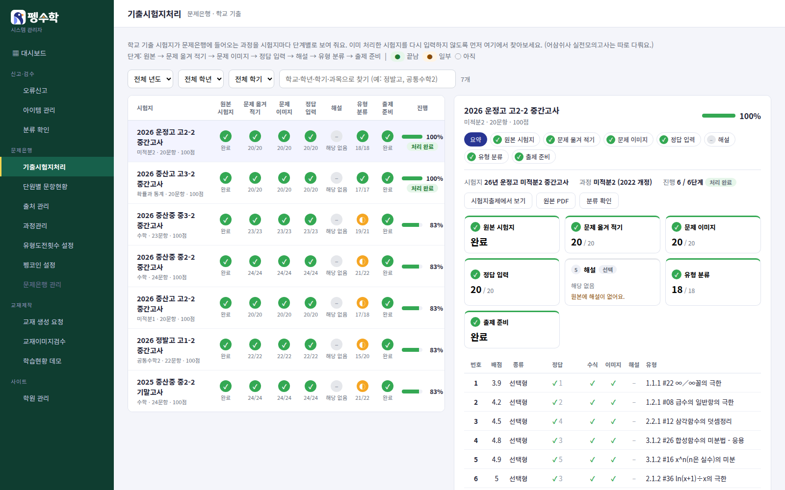 문제은행 처리 화면 (단계별 완료 표시)