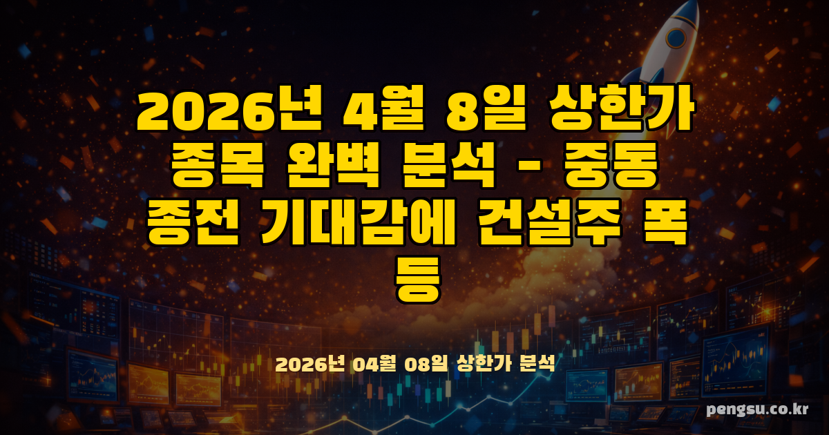 [2026년 4월 8일] 상한가 종목 완벽 분석 - 중동 종전 기대감에 건설주 폭등, 반도체·광통신까지 동반 강세