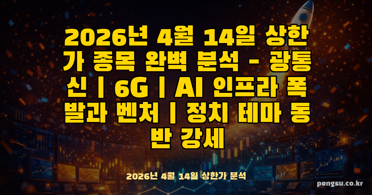 2026년 4월 14일 상한가 종목 완벽 분석 - 광통신·6G·AI 인프라 폭발과 벤처·정치 테마 동반 강세