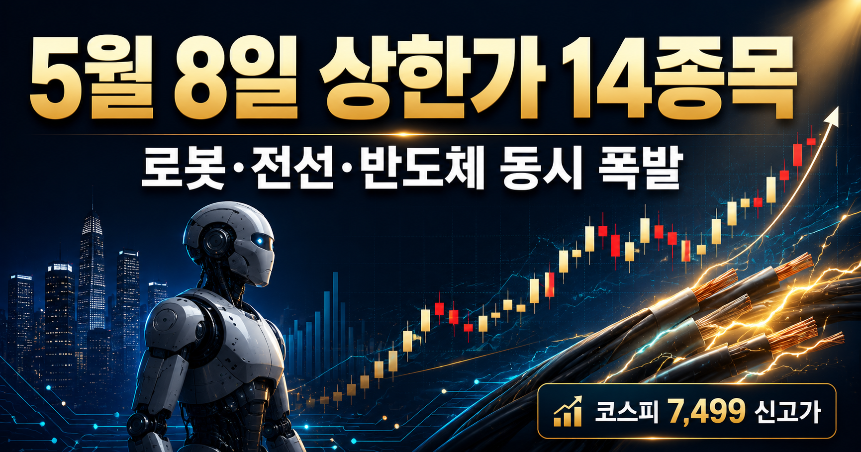 2026년 5월 8일 상한가 종목 완벽 분석 - 휴머노이드 로봇·전선·반도체 14개 상한가 폭발