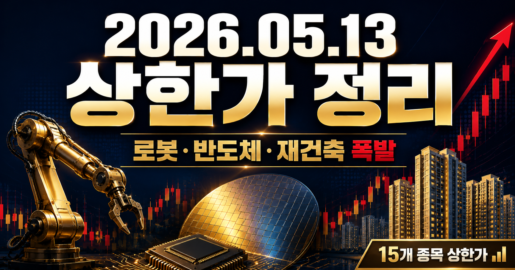2026년 5월 13일 상한가 종목 완벽 분석 - 로봇·반도체·재건축 15개 종목 폭발