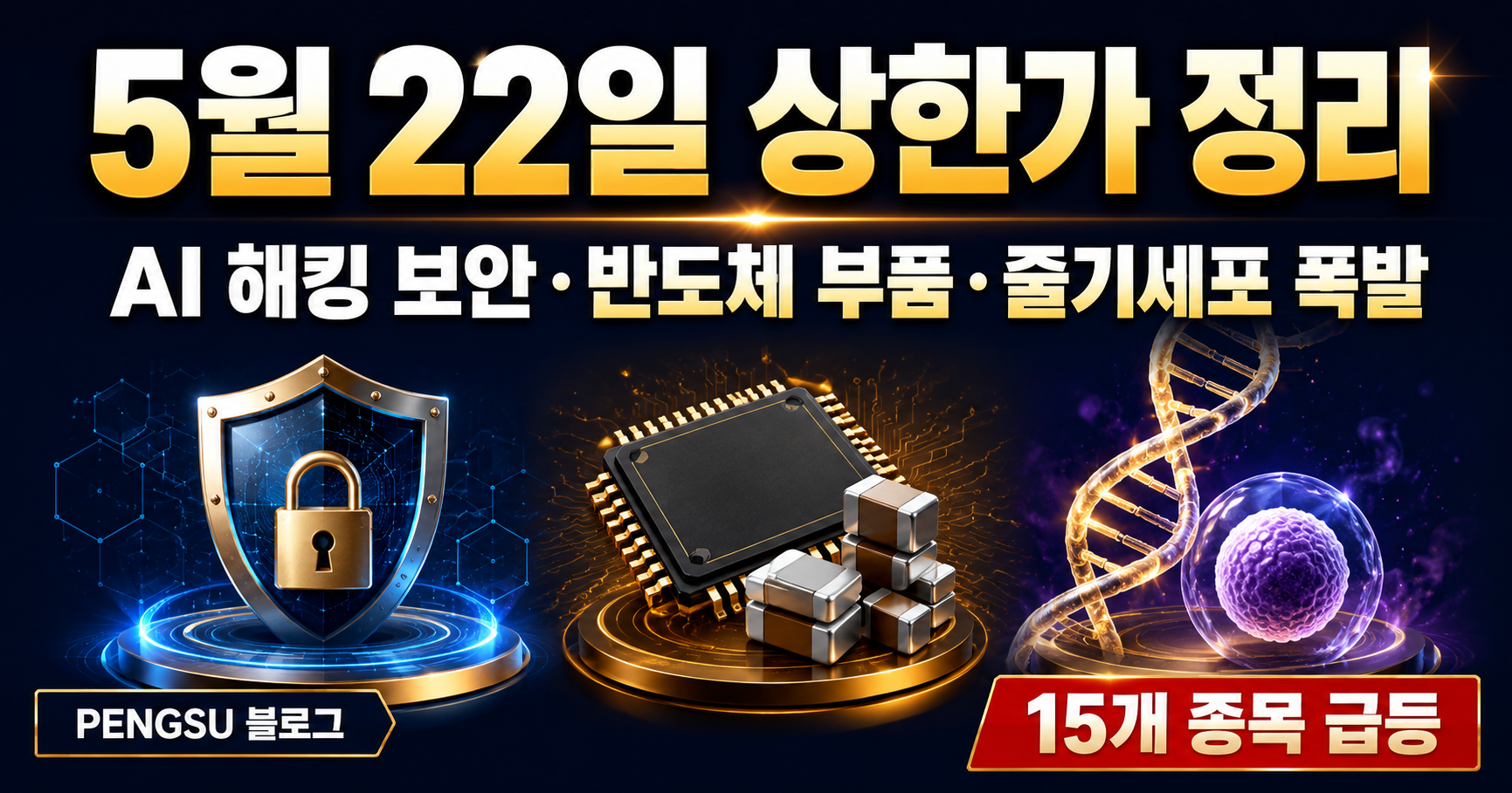 2026년 5월 22일 상한가 종목 완벽 분석 - AI 해킹 보안주·반도체 부품·줄기세포 바이오 폭발