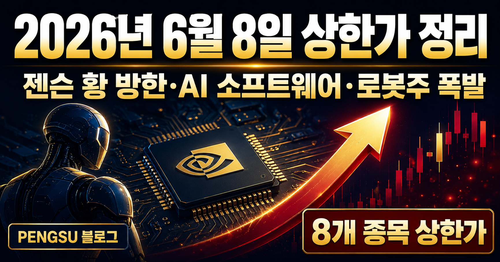 2026년 6월 8일 상한가 종목 완벽 분석 - 젠슨 황 방한·AI 소프트웨어·로봇주 폭발