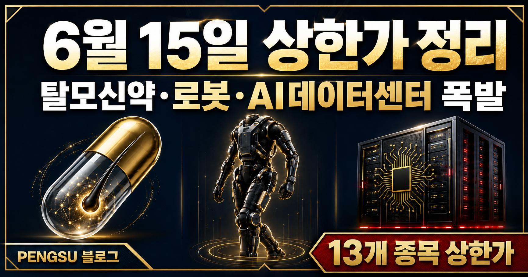 2026년 6월 15일 상한가 종목 완벽 분석 — 제약·탈모·로봇·AI 데이터센터 급등