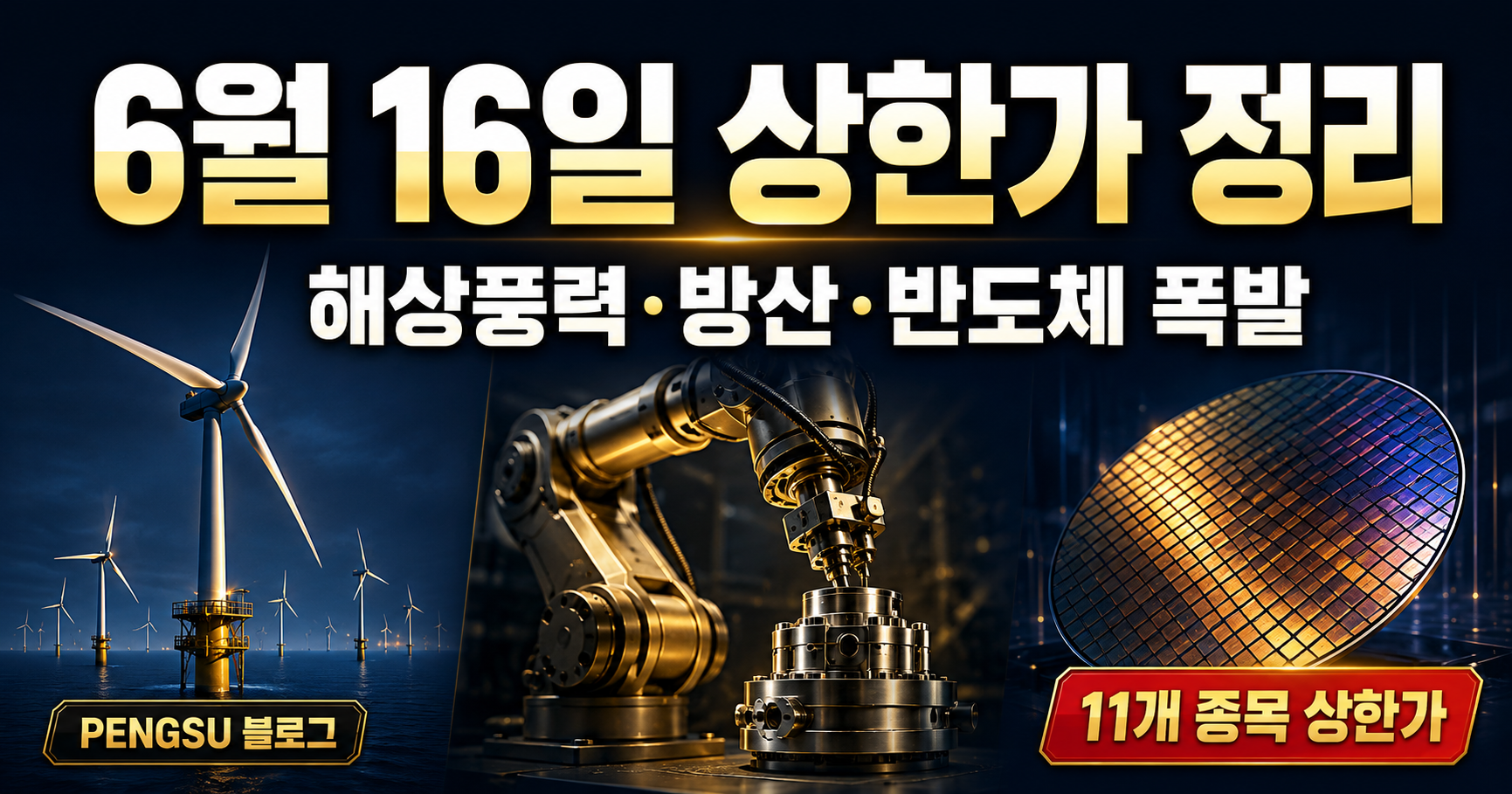 2026년 6월 16일 상한가 종목 완벽 분석 - 해상풍력·방산·반도체 장비 급등