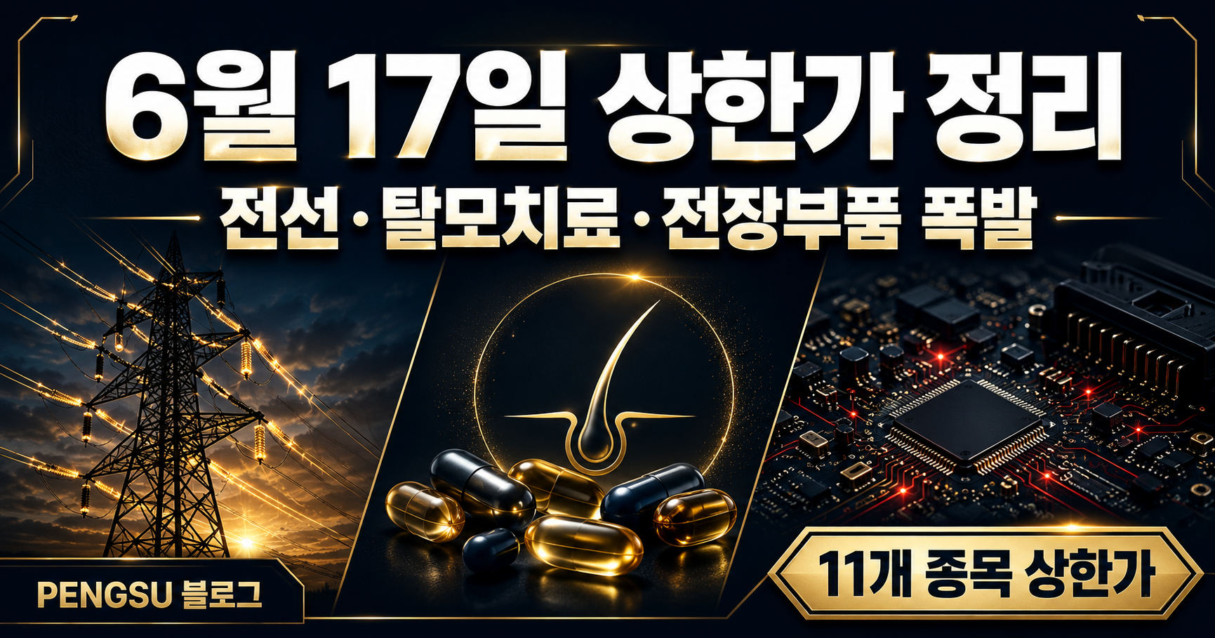 2026년 6월 17일 상한가 종목 완벽 분석 - 전선·탈모치료·전장부품 폭발