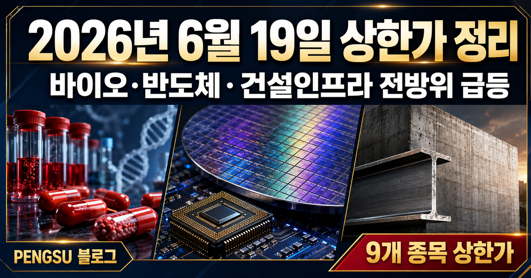 2026년 6월 19일 상한가 종목 완벽 분석 - 바이오·반도체·건설인프라 전방위 급등