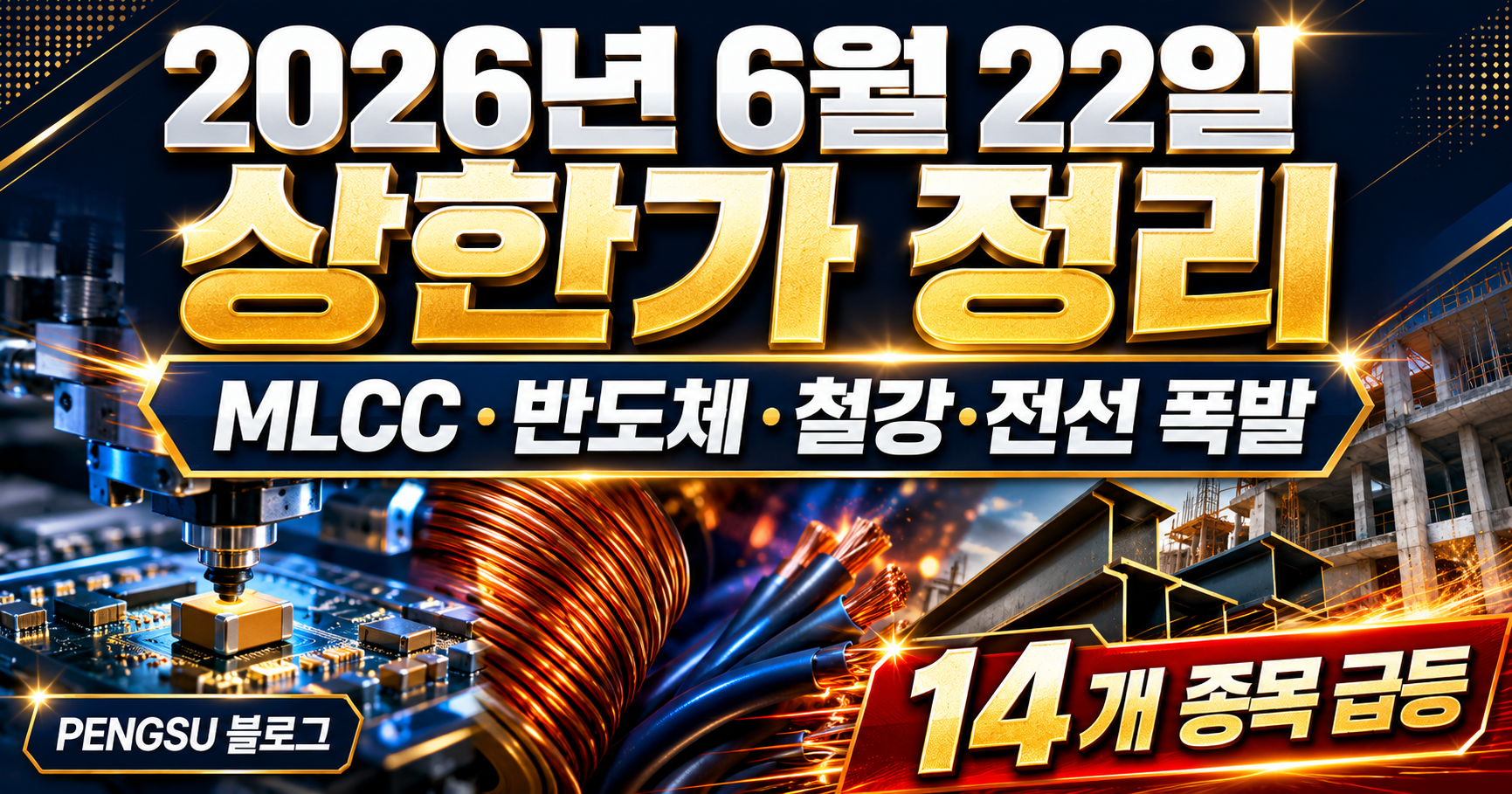 2026년 6월 22일 상한가 종목 완벽 분석 - MLCC·반도체장비·철강·전선 폭발
