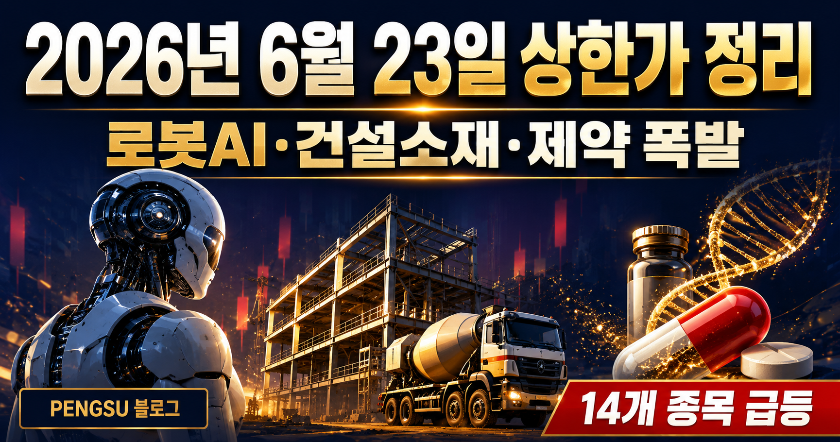 2026년 6월 23일 상한가 종목 완벽 분석 - 로봇AI·건설소재·제약 폭발