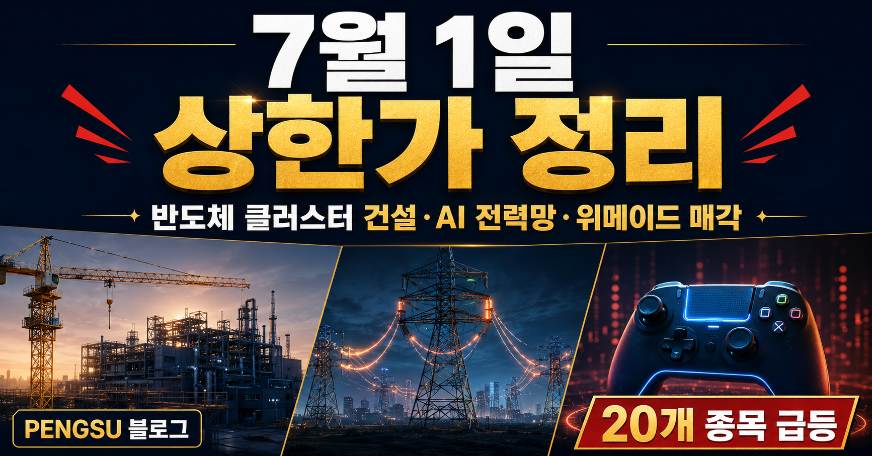 2026년 7월 1일 상한가 종목 완벽 분석 - 반도체 클러스터 건설·AI 전력망·위메이드 매각