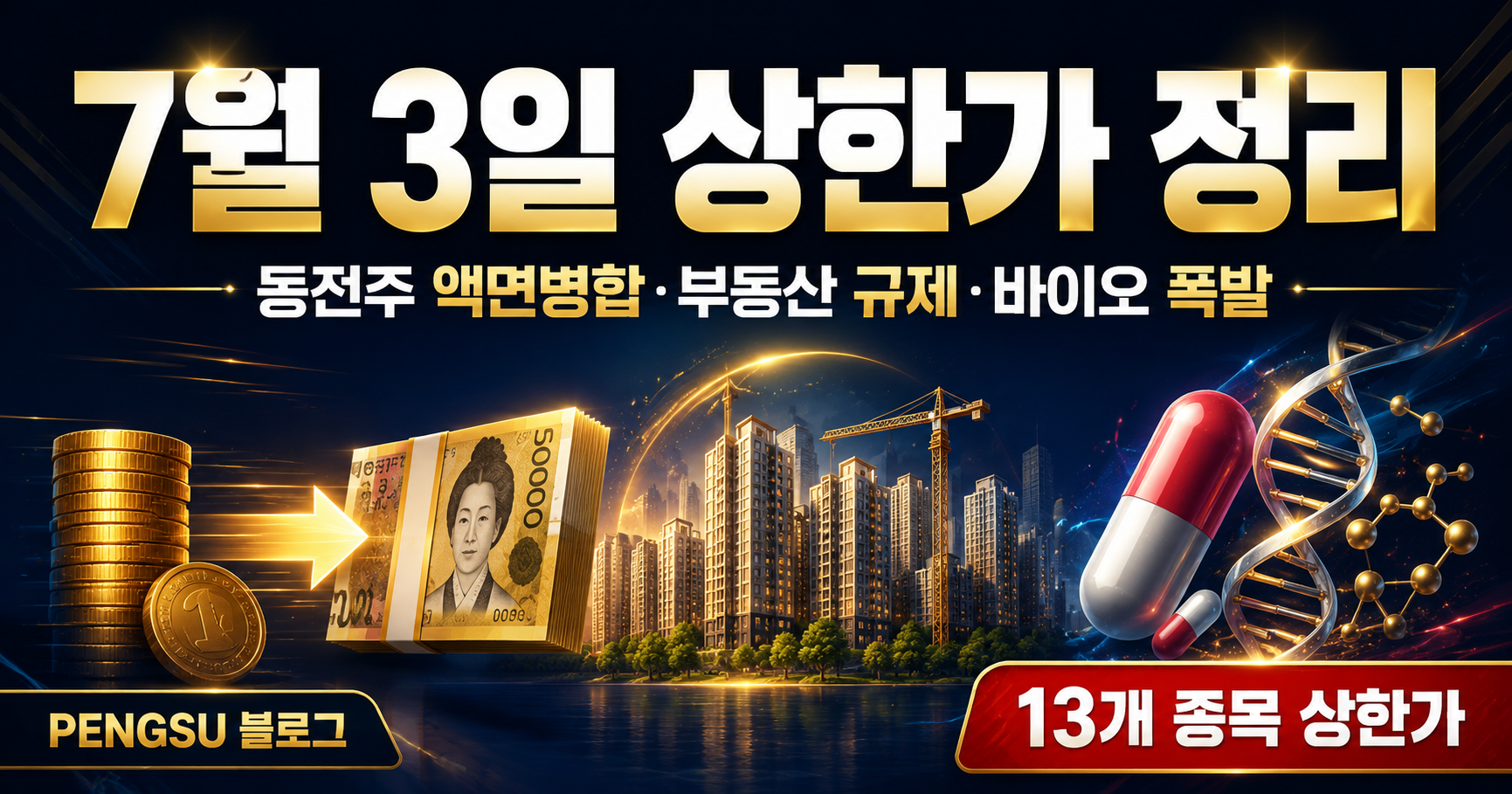 2026년 7월 3일 상한가 종목 완벽 분석 - 동전주 액면병합·부동산 규제·바이오 폭발