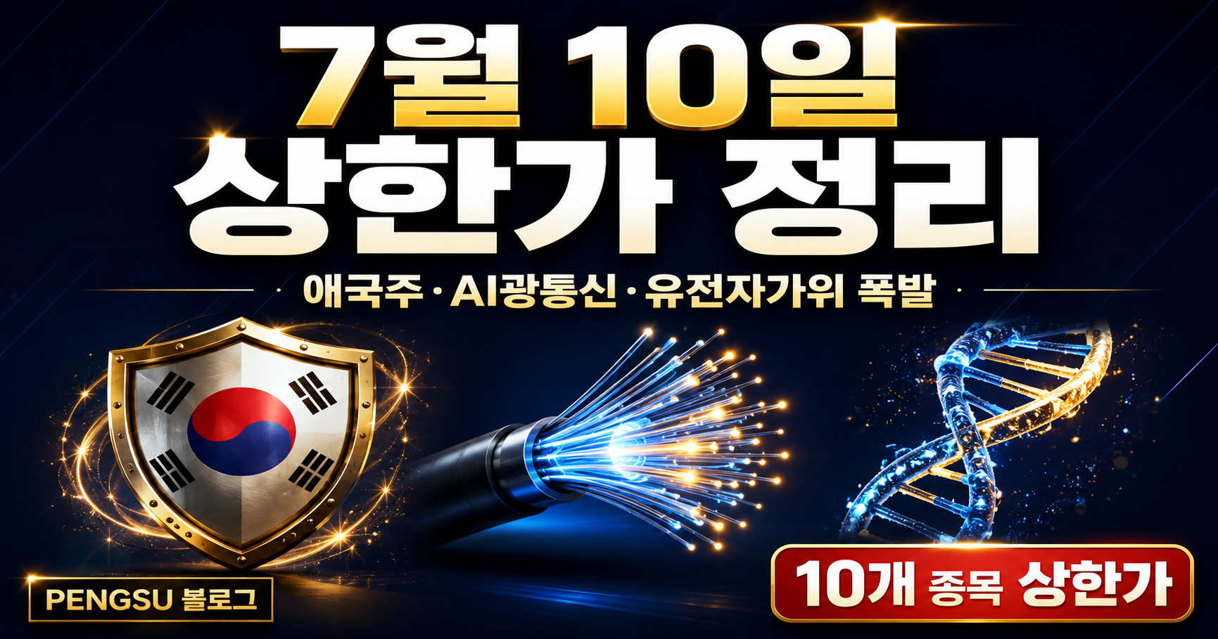 2026년 7월 10일 상한가 종목 완벽 분석 - 애국주·AI광통신·유전자가위 총출동