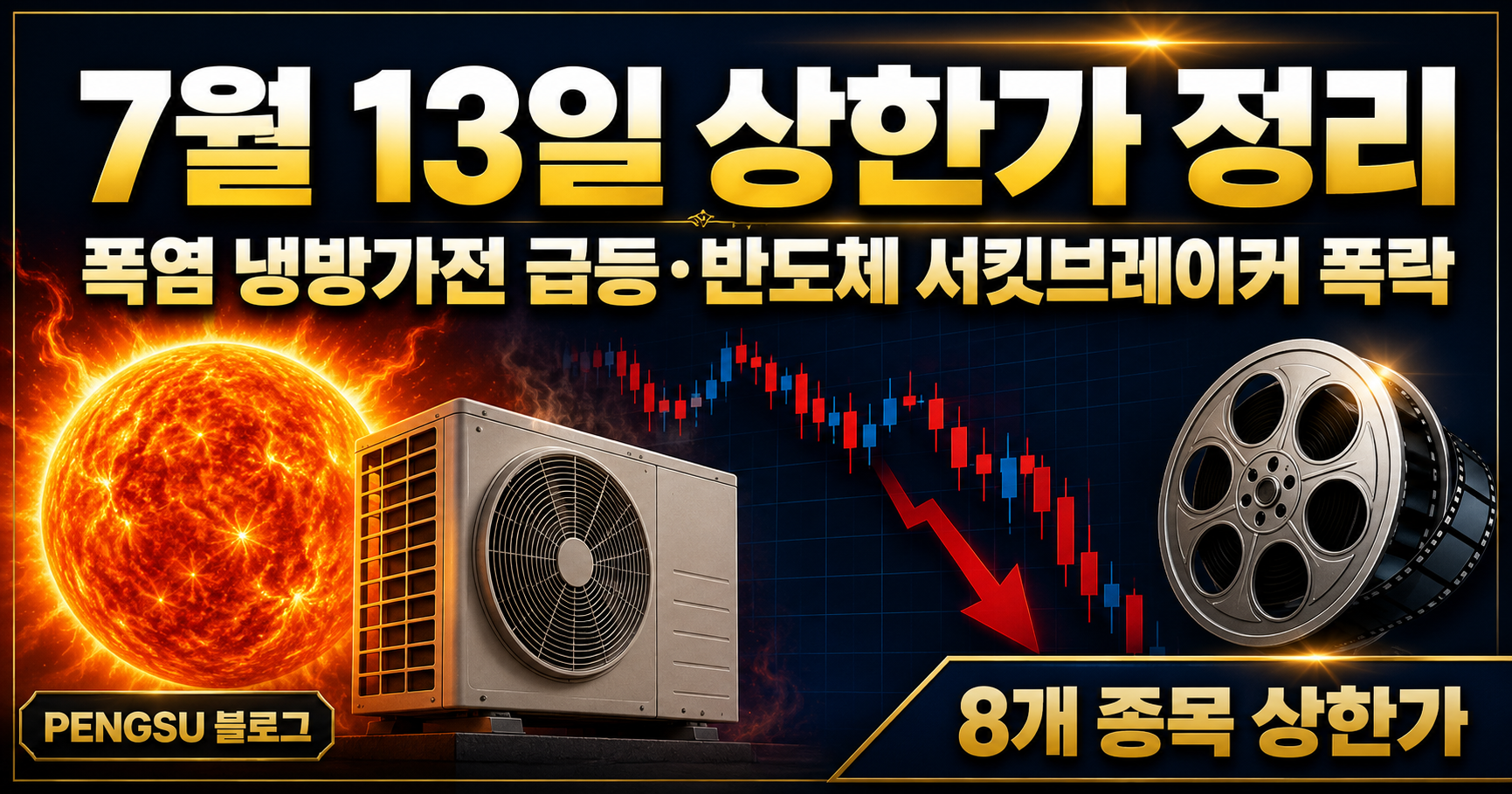 2026년 7월 13일 상한가 종목 완벽 분석 - 폭염 냉방가전·워크아웃·통신장비 역주행