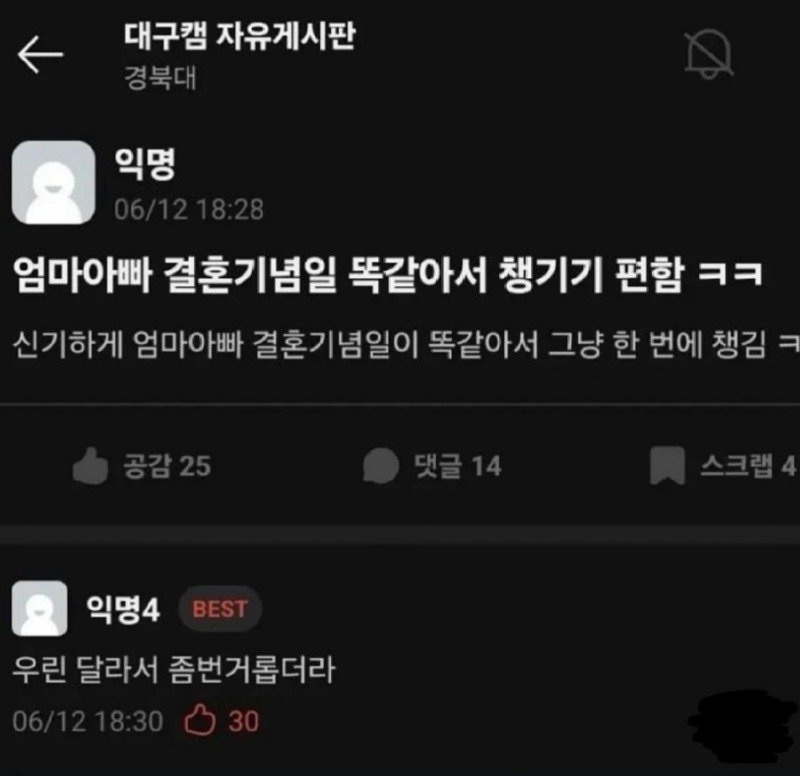 엄마아빠 결혼기념일 똑같아서
