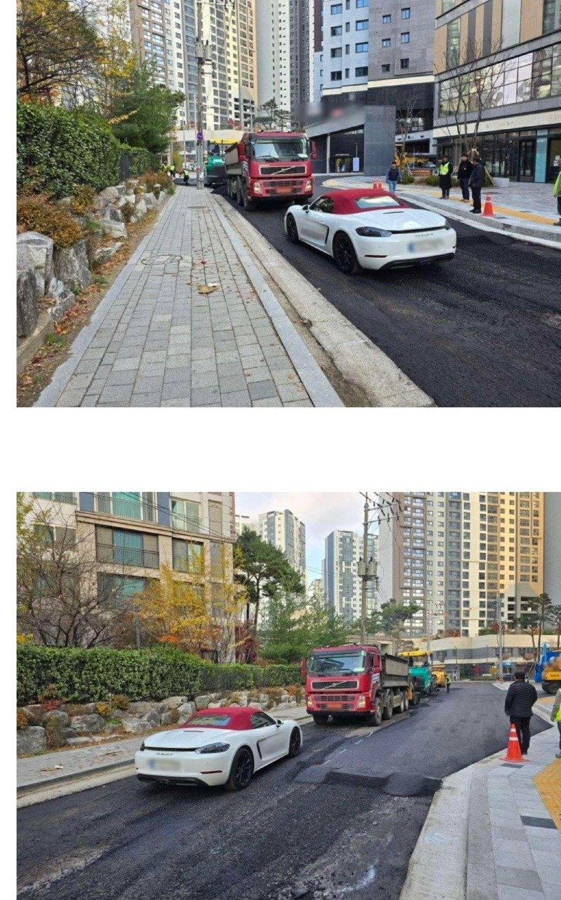 포장중인 아스팔트공사앞에 차던지고 감