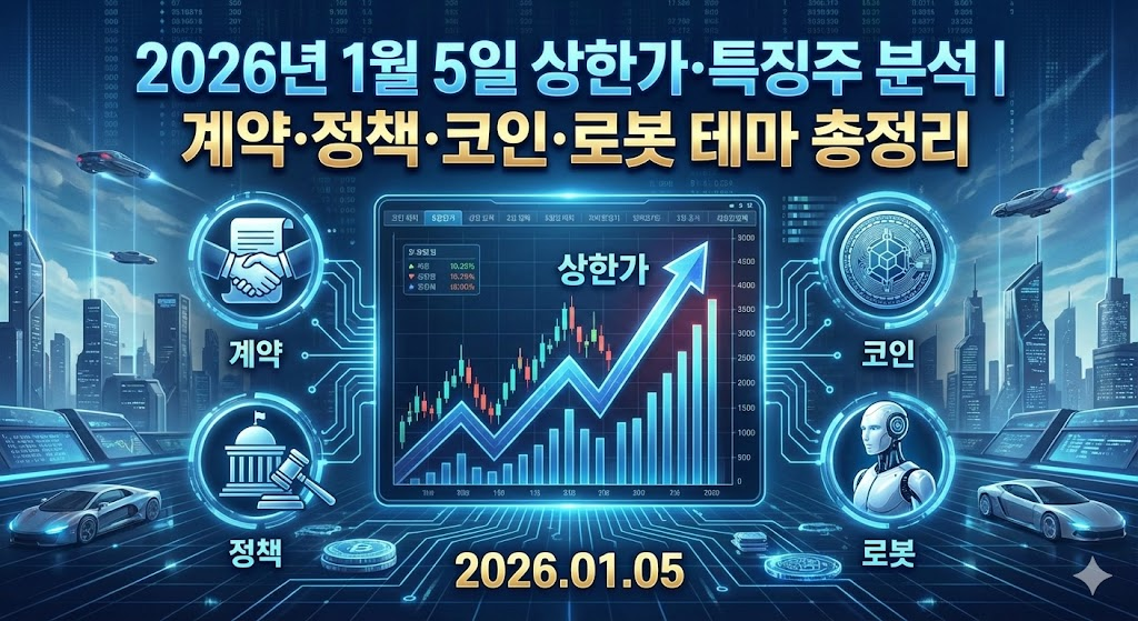 2026년 1월 5일 상한가·특징주 분석 | 계약·정책·코인·로봇 테마 총정리
