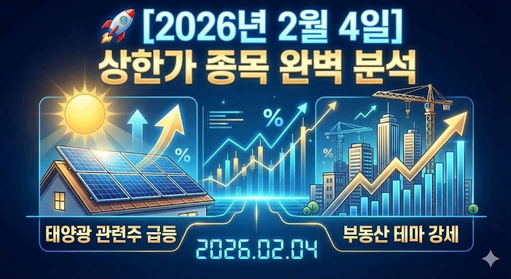 🚀 [2026년 2월 4일] 상한가 종목 완벽 분석 - 태양광 관련주 급등과 부동산 테마 강세