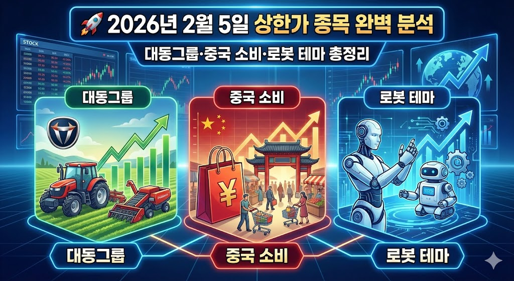 🚀 [2026년 2월 5일] 상한가 종목 완벽 분석 - 대동그룹·중국 소비·로봇 테마 총정리